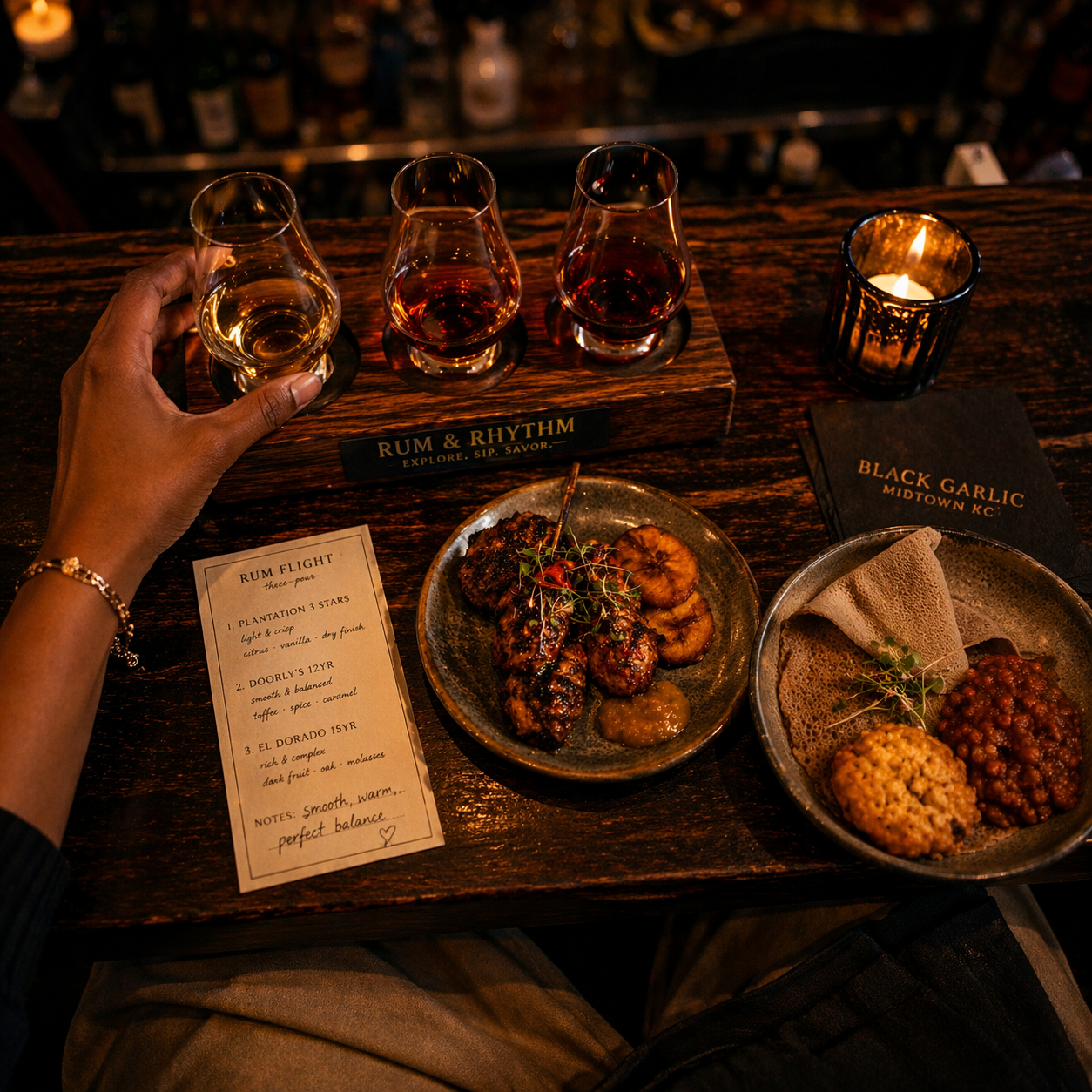 Rum & Rhythm tasting experience — rum flight, Caribbean and Ethiopian bites at Black Garlic